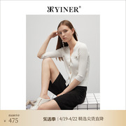 YINER音儿女装春季新V领款竖坑条纹金属扣七分袖针织开衫