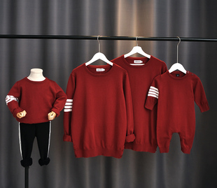 2022一家三口四口红色过年装秋冬亲子装家庭装连体爬服针织衫毛衣