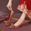 红色法式婚鞋新娘鞋女2024高跟鞋，3cm低跟单鞋婚纱两穿水晶鞋