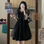 黑色连衣裙夏季2024女洛丽塔法式复古泡泡，袖网纱赫本风小黑裙中裙