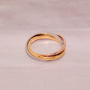 欧美镀18K玫瑰金光面三环三色相扣钛钢情侣男女戒指环对戒子饰品
