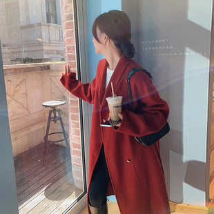红色毛呢大衣女2023秋冬韩版系带收腰时尚呢子外套