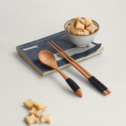 原木质餐具便携式缠线木筷子，勺子学生一人食日式和风旅行布袋套装