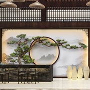 新中式山水客厅电视背景墙壁纸饭店，浮雕迎客松壁画，5d立体包厢墙布