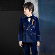儿童西装套装2023蓝色丝绒，冬男童花童礼服主持钢琴演出服生日