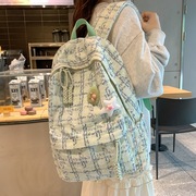 小众设计学生书包女生韩版时尚，条绒格纹双肩包大容量旅行背包