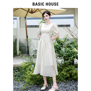 basichouse百家好气质，蓝色连衣裙女春装温柔风收腰裙子