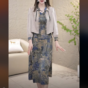 艾薇娜新中式国风水墨画套装裙两件套连衣裙女2024春秋季中年