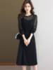 秋季镂空连衣裙女2023黑色高级感系带休闲两件套装针织长裙子