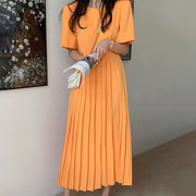 韩国chic夏季法式小众圆领，纯色高腰宽松过膝长款短袖百褶连衣裙女