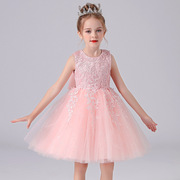 2024夏季款儿童礼服裙粉色花童装洋气背心公主裙女孩走秀表演服装