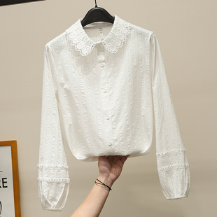 白色女纯棉衬衣2023春装镂空翻领衬衫灯笼袖拼接蕾丝洋气上衣