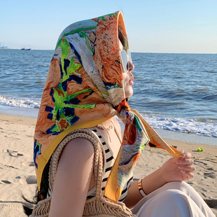 复古法式油画小方巾百搭女夏季防晒丝巾海边沙滩披肩包头巾(包头巾)薄款90