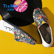 tt&mm汤姆斯男鞋夏季透气一脚蹬懒人，平底透气个性手绘涂鸦帆布鞋