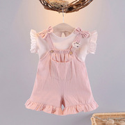 女童夏装0-1-2-3岁女宝宝背带短裤两件套韩版卡通婴儿童套装