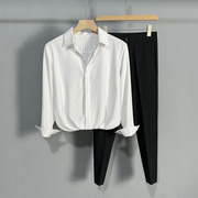 竖条纹白衬衫黑西装两件套装垂感男裤子潮帅气时髦炸街套装夏季