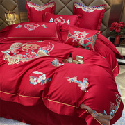 百子图结婚床笠四件套，红色高档婚庆女方陪嫁新婚，喜被六件床上用品