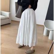 韩国白色雪纺半身裙女夏季减龄甜美褶皱蛋糕裙垂感高腰a字裙