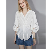 ELLE白色法式V领长袖设计感衬衫女2024夏季薄款显瘦时尚上衣
