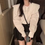 法式白色娃娃领衬衫女长袖设计感小众甜美新款春秋花边领大码胖mm