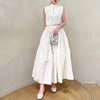 白色连衣裙2024春夏纯棉立领珍珠，扣修身显瘦长款大摆仙女长裙