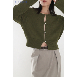 ModelloStudio 设计感镂空利落绿色垂感开衫外套针织上衣女