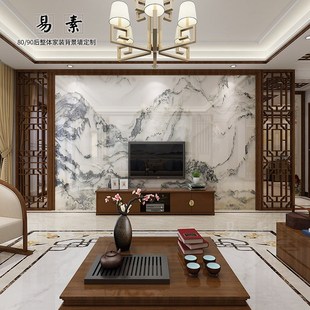 新中式山水画雕刻瓷砖背景墙客厅，电视墙微晶石边框装饰实木