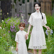 白色司藤同款亲子装旗袍母女装夏民国风复古儿童蕾丝连衣裙