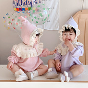韩版春季婴儿三角哈衣爬服蕾丝花边包屁衣女宝宝连体衣配帽子