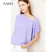 Amii极简慵懒休闲蝙蝠短袖雪纺衫女夏季设计感斜v领宽松显瘦小衫