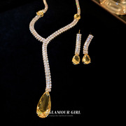 烟黄水晶项链耳环套装镶钻锆石水滴感锁骨时尚个性设计高级感饰品