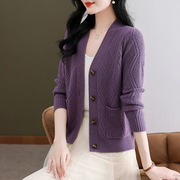 2024春季女士紫色针织，开衫小个子毛衣小外套，v领百搭时尚上衣