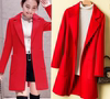 韩版新女春秋冬装大红色长袖暗扣中长款翻领西装毛呢大衣风衣外套