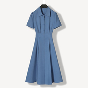 法式蓝色连衣裙2023年夏天显瘦长裙子女，气质衬衫裙女夏设计感