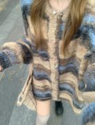 美式复古彩色条纹毛衣女春秋季高级感小众宽松慵懒风针织开衫外套