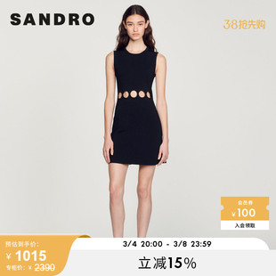 SANDRO Outlet女装法式修身黑色镂空A字无袖针织连衣裙SFPRO02606