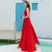旅游飘逸性感红色长裙到脚踝气质女神超仙大摆雪纺长款收腰连衣裙