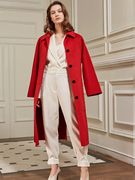 绒绒家高端米白色双面呢大衣，女士单排扣系带红色，全羊绒中长款外套