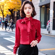 韩版立领商务女装修身雪纺，衫宫廷休闲荷叶，边打底衫纯色长袖衬衫女