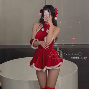 橘味喵：圣诞节服装女装战袍性感新年红色衣服挂脖连衣裙制服套装