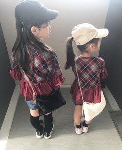 超美日本br家女童，菱格喇叭袖裙摆，上衣两色入