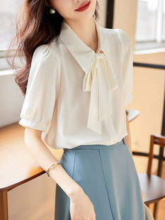 伊芙丽雪纺白色短袖飘带衬衫女韩版气质优雅职业高级感简约百搭通