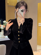 黑色v领泡泡袖衬衫2023女秋冬洋气独特别致高端法式丝绒上衣
