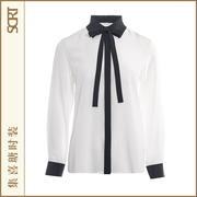 YiQi一岐真丝绑带领结衬衫桑蚕丝白色原创设计长袖衬衣SAW3012