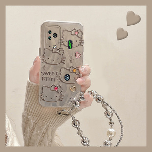 手机壳硅胶羽纱，卡通kt猫，立体爱心带银色挂链