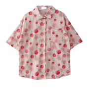 自制夏季法式浪漫玫瑰花朵，印花衬衫女度假风，宽松短袖衬衣上衣