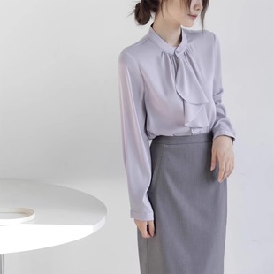 2024春秋法式紫色高级感长袖雪纺衬衫，女立领飘带职业通勤上衣