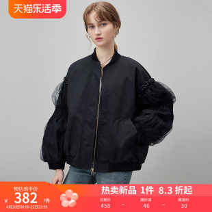 dfvc春季黑色立领短款棒球，服外套2024女宽松灯笼袖夹克上衣