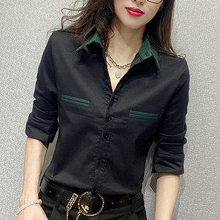 黑色衬衫女设计感小众2023秋季修身显瘦韩版加绒衬衣长袖上衣