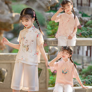 女童短袖雪纺刺绣汉服2024中国风套装宝宝，上衣裙子儿童民族仙女